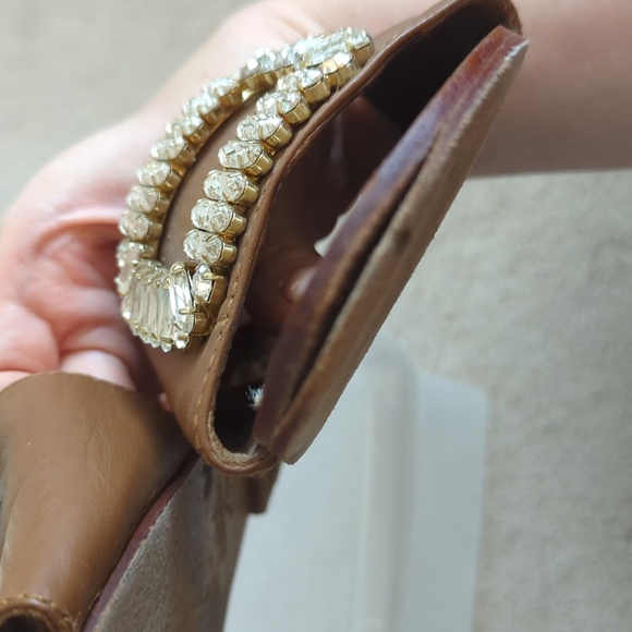 Mystique Boutique Rhinestone Buckle Slide Sandals Tan Brown Leather - Picture 7 of 8